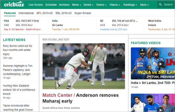 CricBuzz is a popular Indian cricket news site.